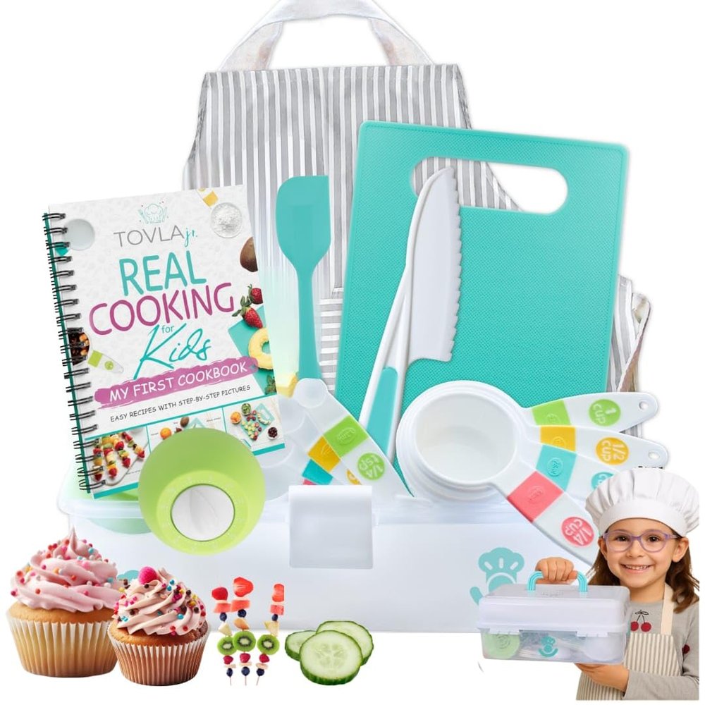 TOVLA JR. Kids Real Cooking Set | Cooking Tools for Kids Ages 512 | Montessori-Inspired Beginner Kitchen Kit with Visual Recipe Cookbook & Storage Case | Christmas & Birthday Gift for Boys & Girls