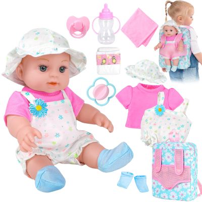 12" Girls Baby Doll Daisy Theme Backpack Carrier Playset,12 Inch Reborn Baby Dolls With Accessories And Clothes Set Toy Stuffs Pink Hanky Diaper Bottle Nipple And Gifts For Baby Toddler Age 3+