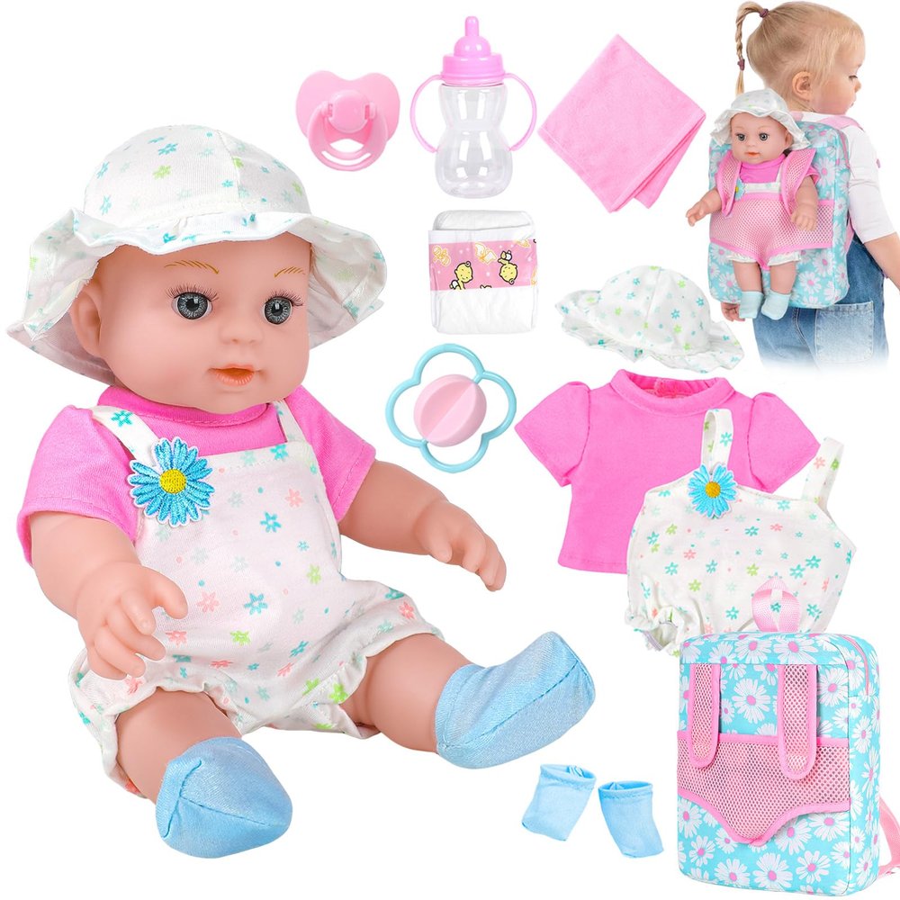 12" Girls Baby Doll Daisy Theme Backpack Carrier Playset,12 Inch Reborn Baby Dolls With Accessories And Clothes Set Toy Stuffs Pink Hanky Diaper Bottle Nipple And Gifts For Baby Toddler Age 3+