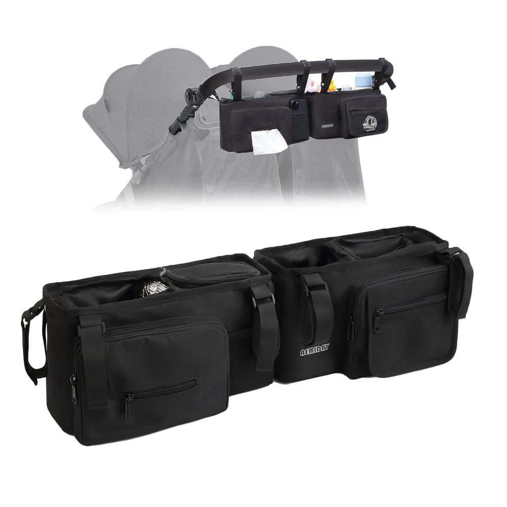 AEMIDAY Double Stroller Organizer Compatible with BOB Duallie and Baby Jogger City Mini GT2 Double Stroller, Double Baby Stroller Accessories with 2 Cooler Pockets , Black(Empty Bag)