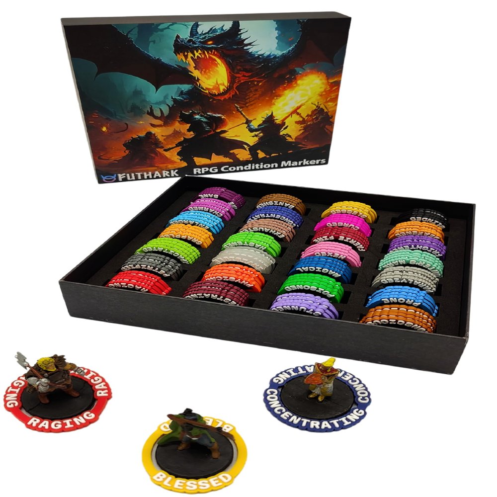 Futhark Area of Effect Spell Templates Set and DND Condition Rings of 3D Rubber - Bundle for Dungeons & Dragons