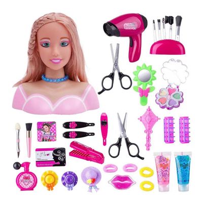 Domiuie 34PCS Children Styling Head Doll with Hair Dryer Accessories, Deluxe Makeup Pretend Playset Styling Head Doll Hairstyle Toy, Christmas Birthday Gifts for Girls, ML1831LX81379BD