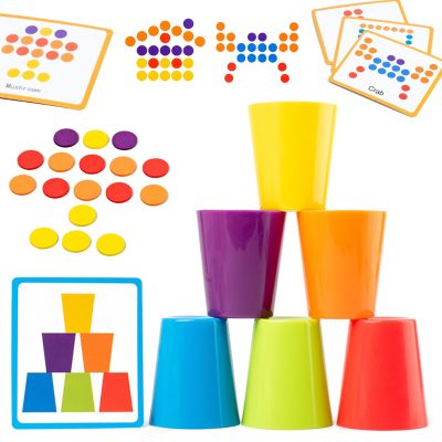 Biottro 6PCS Stacking Cups Game, Color Sorting Toys with 60PCS Wooden Coins Color Matching Game Montessori Toys for 3 4 5 Years Old Birthday for Boys Girls Kids (50PCS Cards Included)
