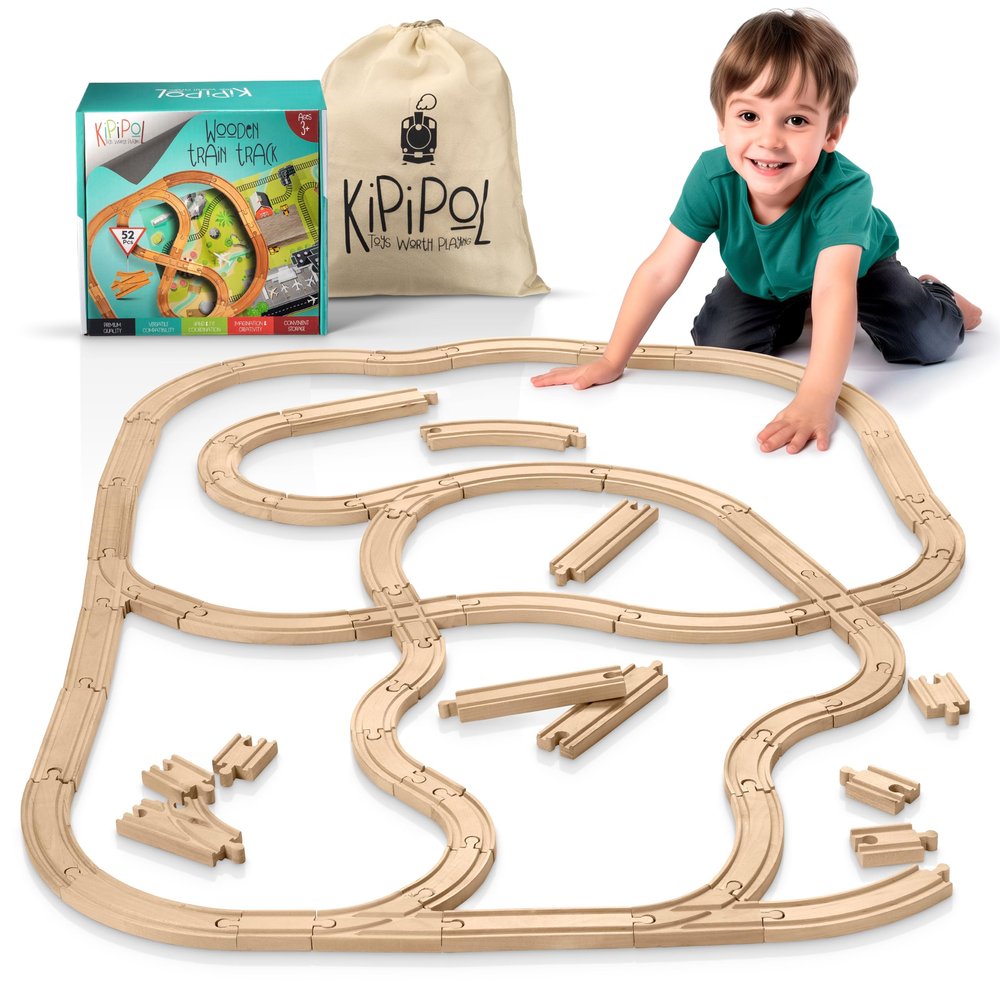 KipiPol Wooden Train Tracks Set - 52 pcs+Bonus Railroad Map Compatible W All Major Wooden Railway Toy Brands Including: Thomas The Train Track Set, Brio Train, Melissa and Doug Train Set for Kids 3+