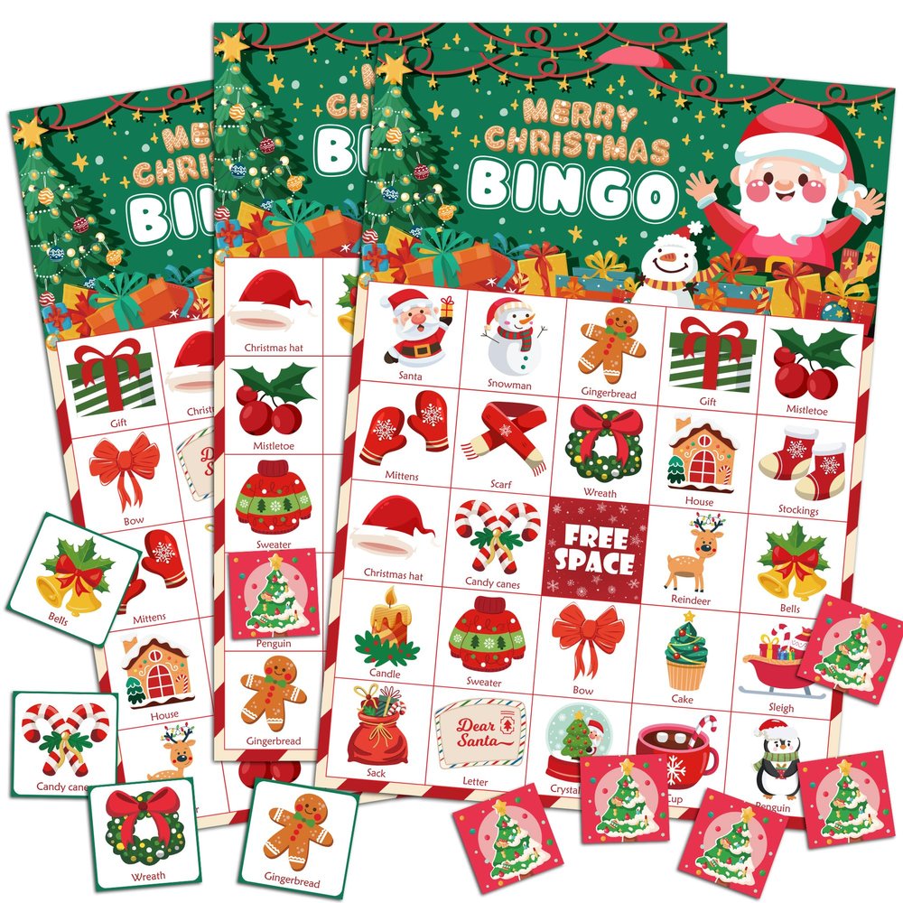OHOME Christmas Games | Xmas Bingo for Kids - 24 Players Christmas Crafts Activities Party Favors Supplies for Families - Xmas Gifts Bulk for Boys Girls Grandkids | Stocking Stuffers for Kids Toddler