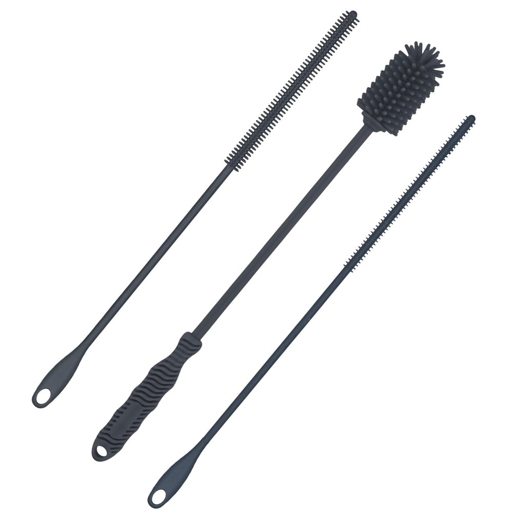 3pcs Silicone Bottle Brush & Straw Cleaner Brush, Reusable Straw Cleaning Brush Water Cup Brush Set Extra Long Brush Kit Bottle Accessories for Stanley Tumbler & Metal Glass Straws (Grey)