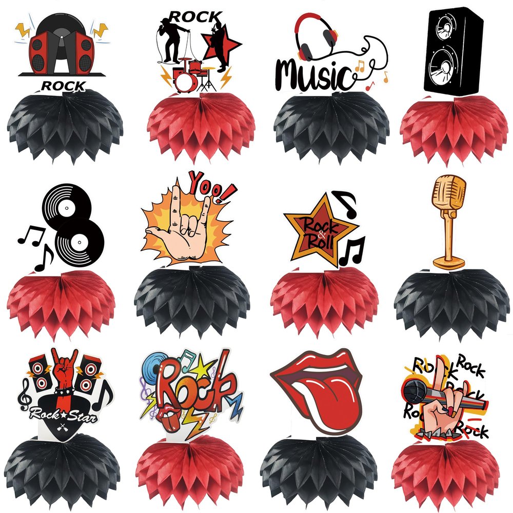 12PCS Rock and Roll Honeycomb Centerpieces Music Party Decorations Silhouette Retro Table Musical Silhouette Party Favors Guitar Rap Birthday Baby Shower Party Supplies