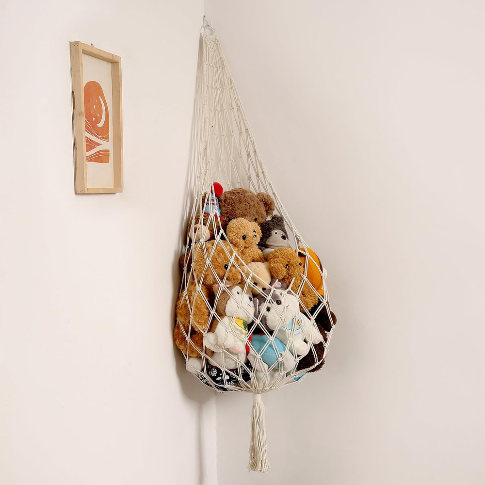 Amdermi Stuffed Animal Storage Organizers Corner Hanging Ne 60" L Stuffy Animal Hammock Macrame Toy Display Plush Toy Holder Wall, Kid Bedroom Decor Boho Nursery Playroom Organizer 60" L (Cream)