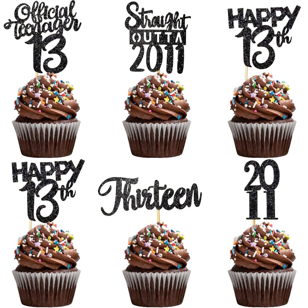 VCGUDOE 30PCS 13th Birthday Cupcake Toppers 13th Birthday Decorations for Boy 13th Birthday Decorations for Girl 2011 13th Birthday Decorations Cheers to 13th Birthday Party Decorations, Black