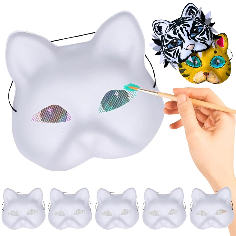 5PCS Therian Cat Mask- Eye Mesh Pre Installed, Plastic Animal Mask Base to Painted DIY for Furry Masquerade Cosplay Props Costume Party