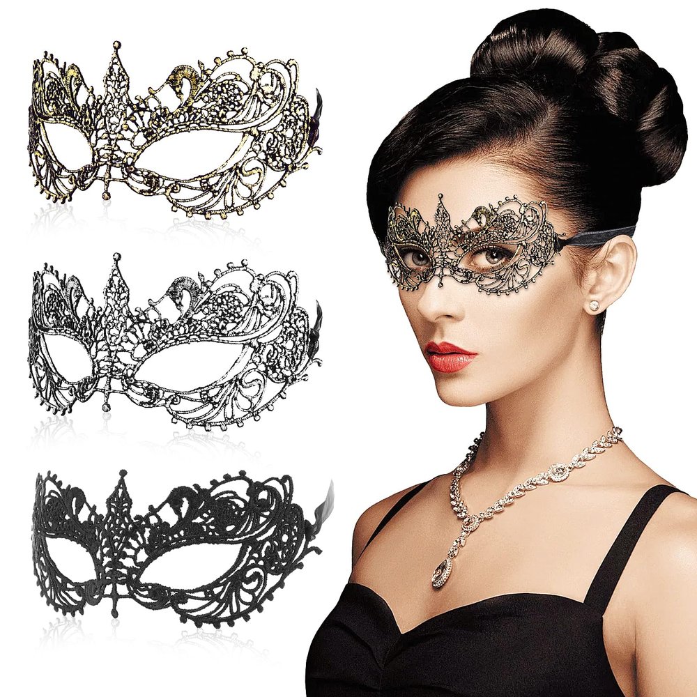 3 Pieces Masquerade Mask for Women, Fancy Dress Masks Lace Face Mask Venetian Masks Mardi Gras Masks, Lace Mask for Ball Party Venetian Masquerade Costume Halloween Masquerade Party(20cm/7.84inch)