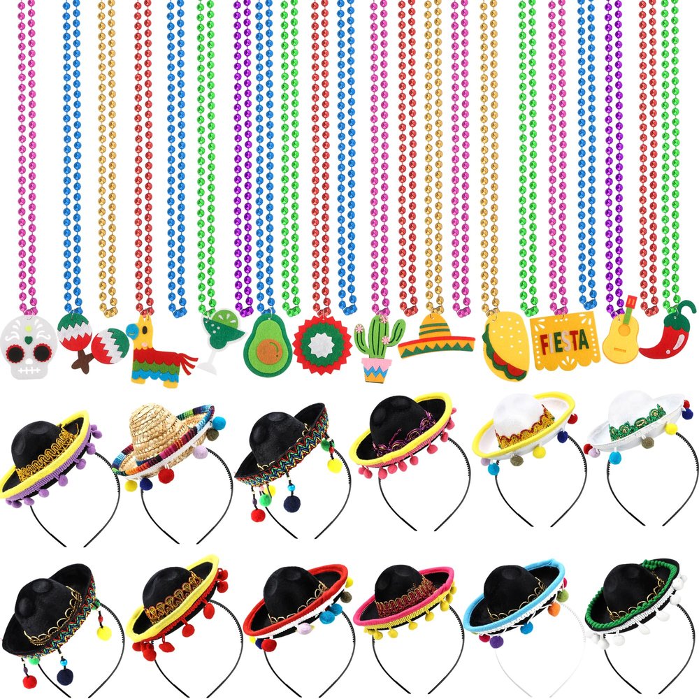 30 Pcs Cinco De Mayo Fiesta Party Favors Include 12 Mexican Sombreros Hats Headbands and 18 Cinco De Mayo Fiesta Necklaces for Mexican Cinco de Mayo Party Decorations Luau Fiesta Party Photo Props