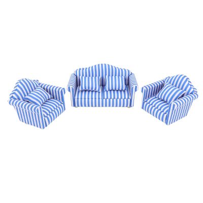 1: 12 Scale Dollhouse Sofa Set - 3pcs Wooden Sofa and 4 Throw Pillows, Light Color Strip Design - Miniature Dollhouse Bedroom Decoration Accessories (Blue)