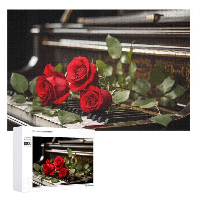 1000 PCS Jigsaw Puzzle for Adults Personalized Picture Puzzle Red Rose on Piano Customized Wooden Puzzle for Family, Birthday, Wedding, Game Nights Gifts, 20.4"x15"