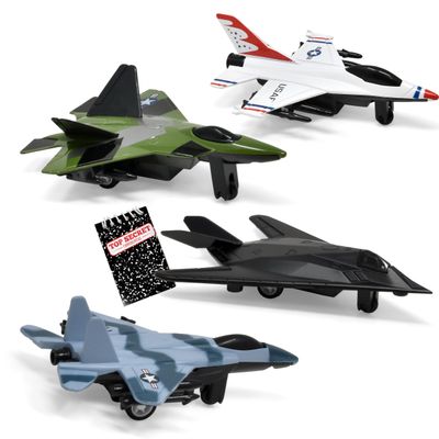 US Air Force Toy Jet Die Cast Squadron Military Fighter Planes Pull Back Airplane Models 4 Pack with Top Secret Confidential Notebook