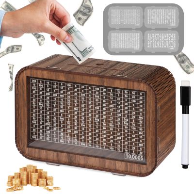 2026 Newyear Gift 4-in-1 Piggy Bank for Adults Kids - Fully Assembled Wooden Money Saving Challenge Box(1000/3000/5000/10000) - Money Bank with Counter Dry Erase Pen - Kakeibo Money Box for Cash Coin