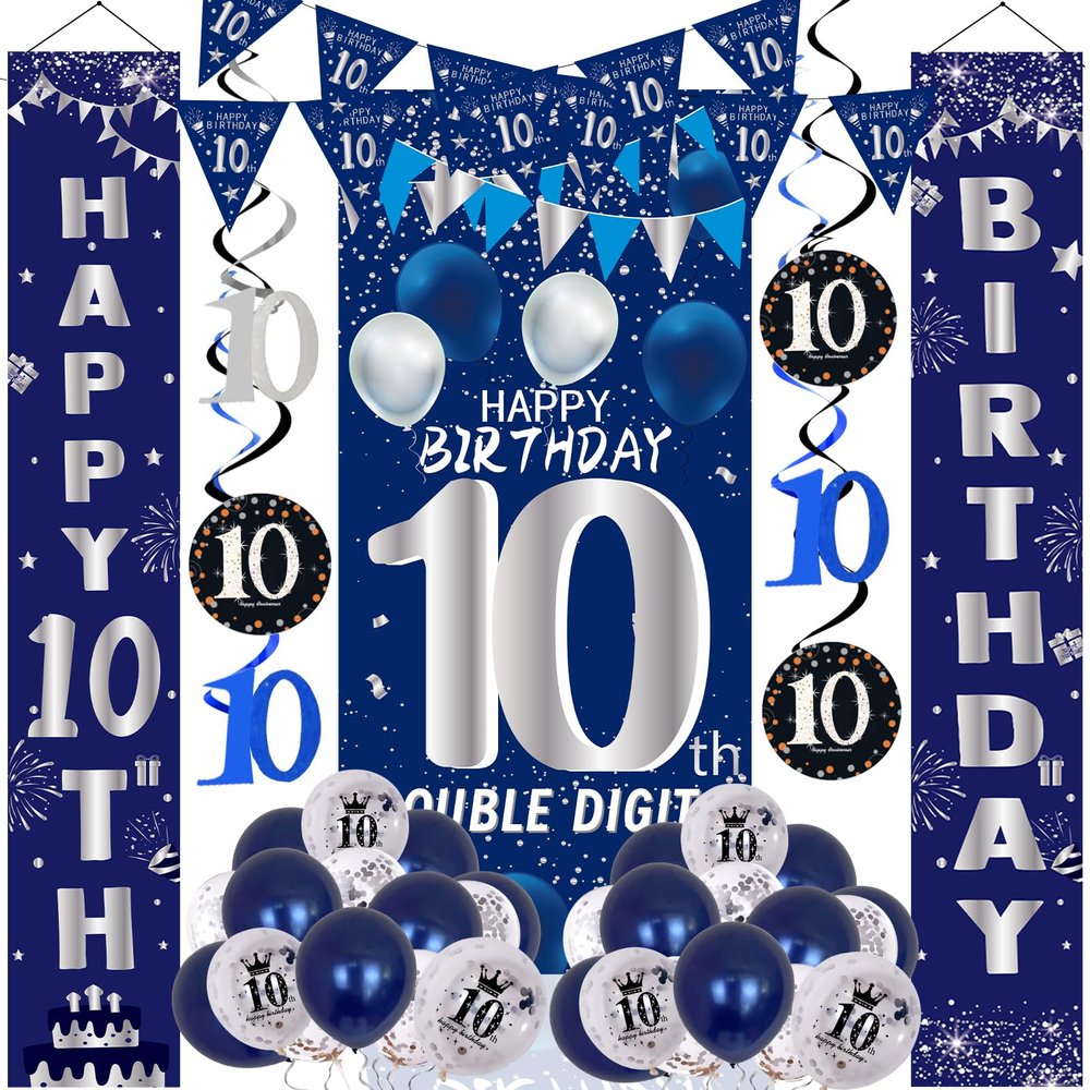 10th Birthday Decorations for Boys Girls, Navy Blue Happy 10th Birthday Door Banner Sign, 10 Years Old Party Supplies Teenagers Bday Backdrop Balloons Hanging Decors