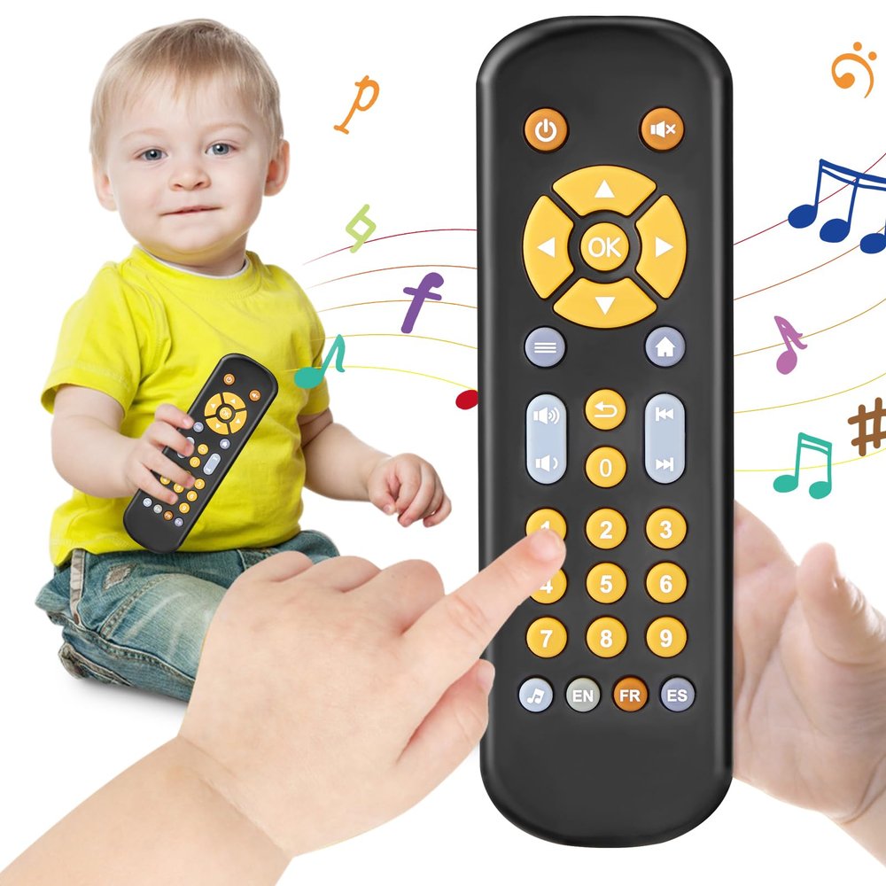 Avkast Baby TV Remote Control Toy 6 Month+, Toddler Realistic Remote Toy with Sound and Light, Early Educational Music Toys with 3 Languages English French Spanish for Infant Boys Girls 6 12 18 months