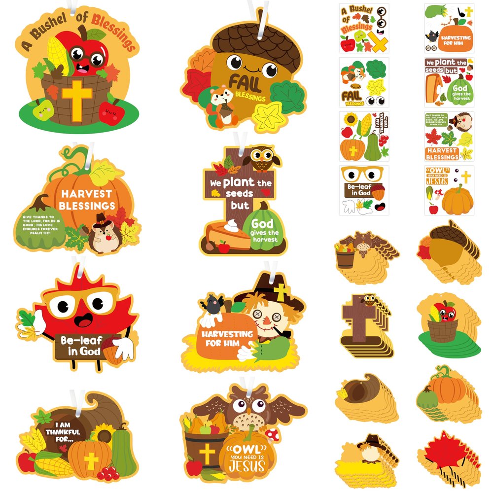 Fall Religious Sunday School Crafts for Kids - 40Set Autumn Pumpkin Turkey Hanging Ornament Sticker Craft Kit Thanksgiving Bulk Christian DIY Paper Craft Sticker for Classroom VBS Activities Decors