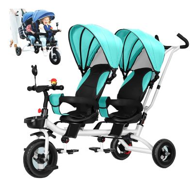 JIYIAN Multi-Functional Tricycle Children Trike- with Removable PushHandle,Removable Canopy, Folding footrest,Reversible Seat,Safety Harness, Detachable Guardrail,Green