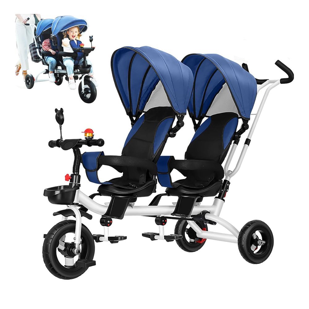 JIYIAN Multi-Functional Tricycle Children Trike- with Removable PushHandle,Removable Canopy, Folding footrest,Reversible Seat,Safety Harness, Detachable Guardrail,Blue