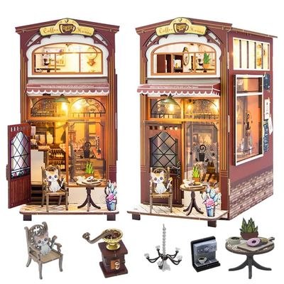 DIY Book Nook Kit,Dollhouse Miniature Book Nook Assemble Kit,Dollhouse Booknook Bookshelf Insert Decor,Wooden Puzzle Bookshelf Insert Decor Bookends Model with LED (Coffee Shop)