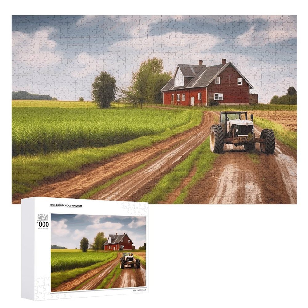 1000 PCS Jigsaw Puzzle for Adults Personalized Picture Puzzle Country Road with Farm and Tractor Customized Wooden Puzzle for Family, Birthday, Wedding, Game Nights Gifts, 20.4"x15"
