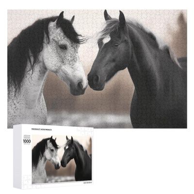 1000 PCS Jigsaw Puzzle for Adults Personalized Picture Puzzle Black and White Horses Customized Wooden Puzzle for Family, Birthday, Wedding, Game Nights Gifts, 20.4"x15"