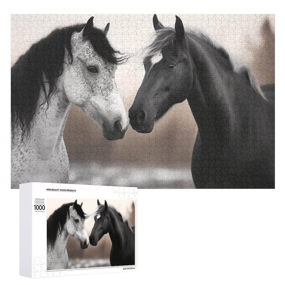 1000 PCS Jigsaw Puzzle for Adults Personalized Picture Puzzle Black and White Horses Customized Wooden Puzzle for Family, Birthday, Wedding, Game Nights Gifts, 20.4"x15"
