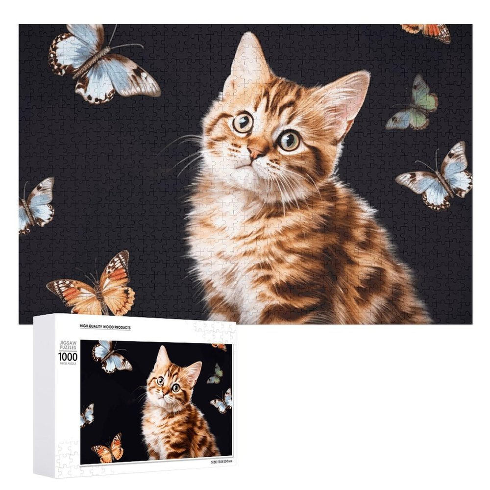 1000 PCS Jigsaw Puzzle for Adults Personalized Picture Puzzle Cat Butterfly Customized Wooden Puzzle for Family, Birthday, Wedding, Game Nights Gifts, 20.4"x15"