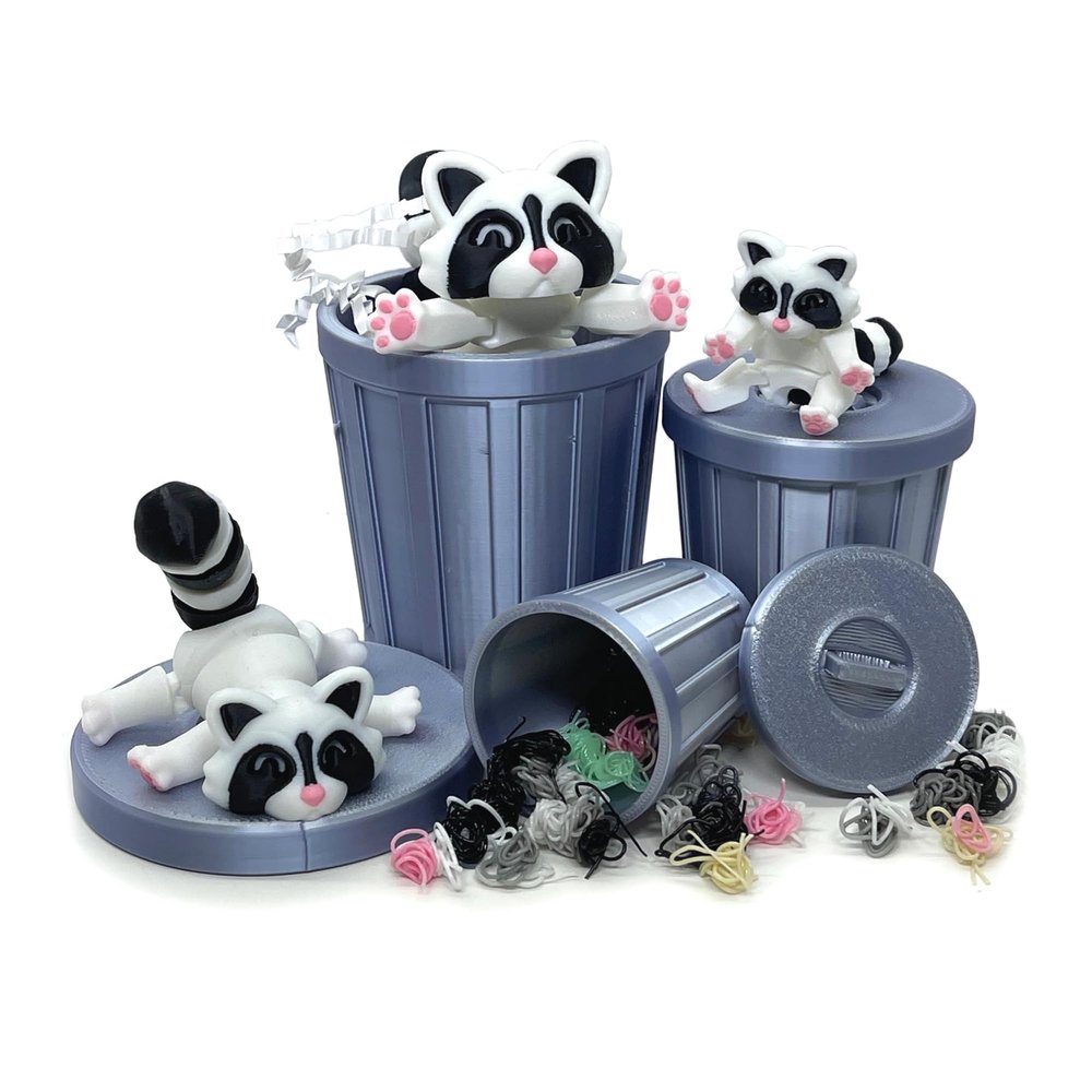 Generic 3 pcs Racoon, Articulated Back and White Racoon with Trash Can, 3D Printed Racoon, Trash Panda & Garbage Can, Articulated Racoon Fidget ADHD Autism Toy AR004
