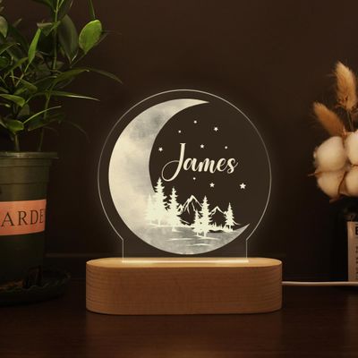 Personalized Night Light for Kids, Baby Night Light Personalized, Custom Baby Night Lights for Nursery, Custom Led Light Wooden Base, Bedroom Bedside Light, Nursery Night Light (Moon Forest)