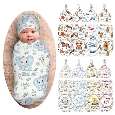 Shishiimo Custom Elephant Leaf Baby Swaddle Blanket & Hat Set-Personalized Elephant Swaddle Sack for 0-6 months Baby-Newborn Infant Birth Shower Party Gifts