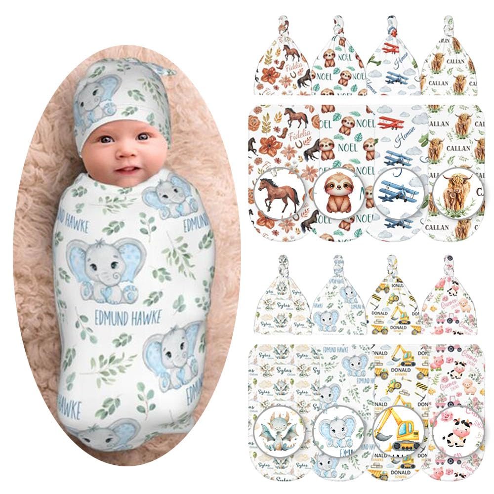 Shishiimo Custom Elephant Leaf Baby Swaddle Blanket & Hat Set-Personalized Elephant Swaddle Sack for 0-6 months Baby-Newborn Infant Birth Shower Party Gifts