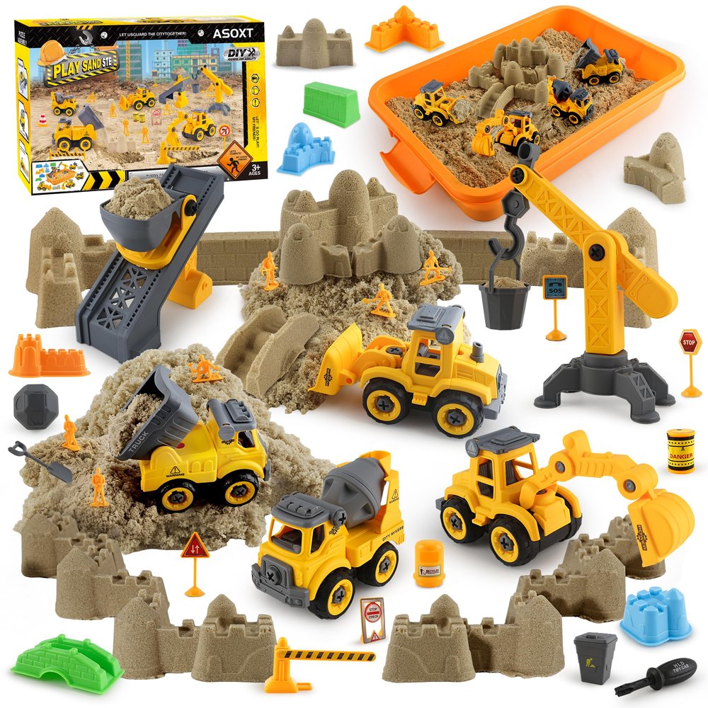 Asoxt 43-Piece Construction Sensory Playset  2 lbs Play Sand, 4 DIY Trucks, Crane & Road Signs  Creative Sandbox Toy for Kids Ages 3+