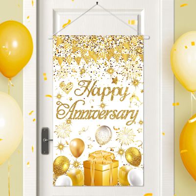 Anniversary Party Decorations White Gold Happy Anniversary Door Banner Sign Small Wedding Anniversaries Door Hanging Banner Porch Front Door Decor for Women Men Cruise Door Sign Supplies