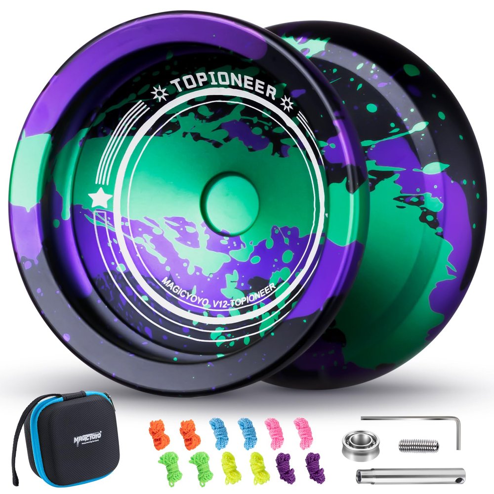 MAGICYOYO V12 Finger Spin Yoyo Professional Responsive Yo yo for Kids & Adults, Unresponsive Yoyo for Advanced, Professional Yo Yo with 12 Strings & Yo-Yo Accessory Kit - Black Green Purple