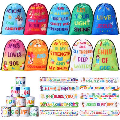 Frienda 20 Pcs Bible Verse Party Favors Includes Jesus Loves You Drawstring Backpack Bags Christian Slap Bracelets for VBS Religious Birthday Gifts Sunday School Classroom Prizes(Stylish)
