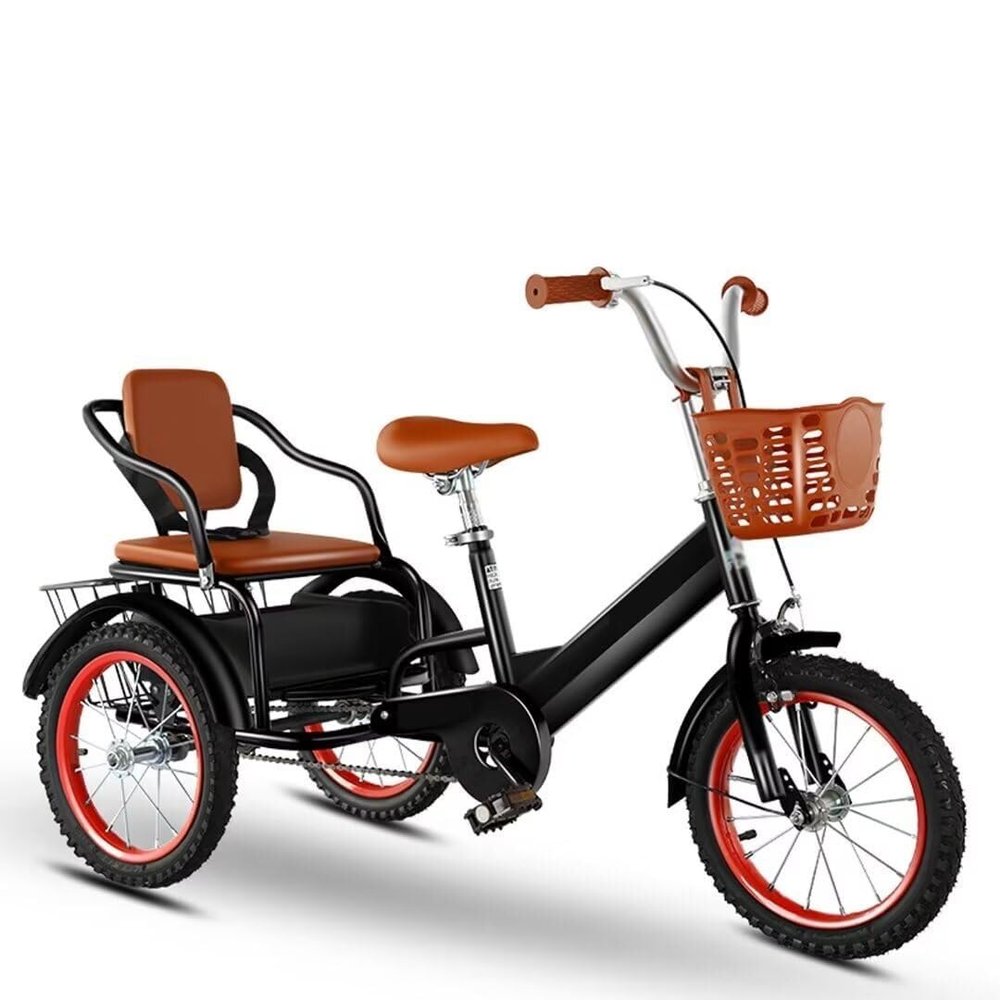 Kids Outdoor Cruiser Bikes with Passenger seat,3 Wheel Bike with Front and Rear Basket,Large Pedal tricycles,Tandem Bicycle,Ride-on trikes(Black,16inch)