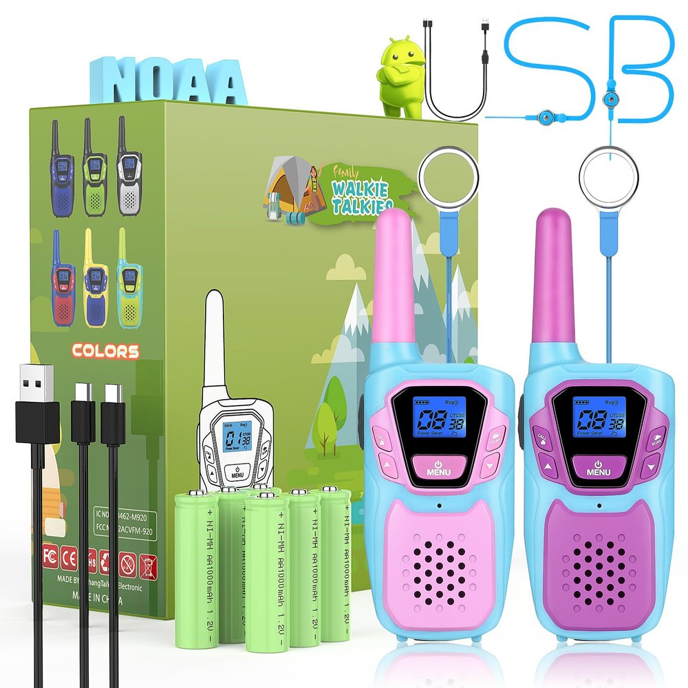 Topsung Walkie Talkies for Kids Girls Boys Toddler Long Range Walkie-Talkie Rechargeable 2 Pack for Adults Seniors Camping Skiing Cruise, Family Pink 2 Way Radio Toys with Lanyard NOAA USB VOX