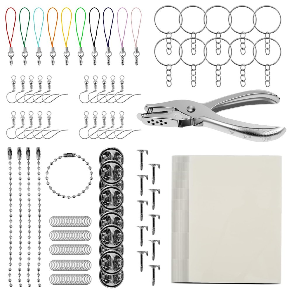 166Pcs Heat Shrink Plastic Sheet Kit, Shrinky Dink Sheets Kit with 20 Shrink Papers 10 Key Rings 10 Ear Hooks 100 Opening Ring Hole Puncher Shrinking Practical Shrink Paper Keychain Kit for DIY Craft