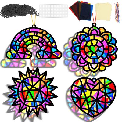 32 Sets Spring Crafts Valentine's Day Suncatchers Kit for Kids DIY Rainbow Window Stained Glass Effect Paper School Classroom Decoration Back to School Art Craft Creative Activity Project Party Favors