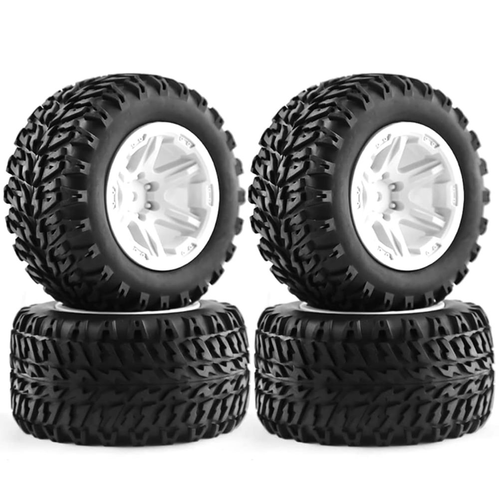 Dantenron 1/16 RC Off Road Truck Tires OD 104mm and Hard Plastic Wheels Rims 12mm Hex 1/10 Rubber Monster Tyres for 1:16 Scale Truck Car MJX Hyper Go H16 16207 16208 16209 16210 4PCS (White)