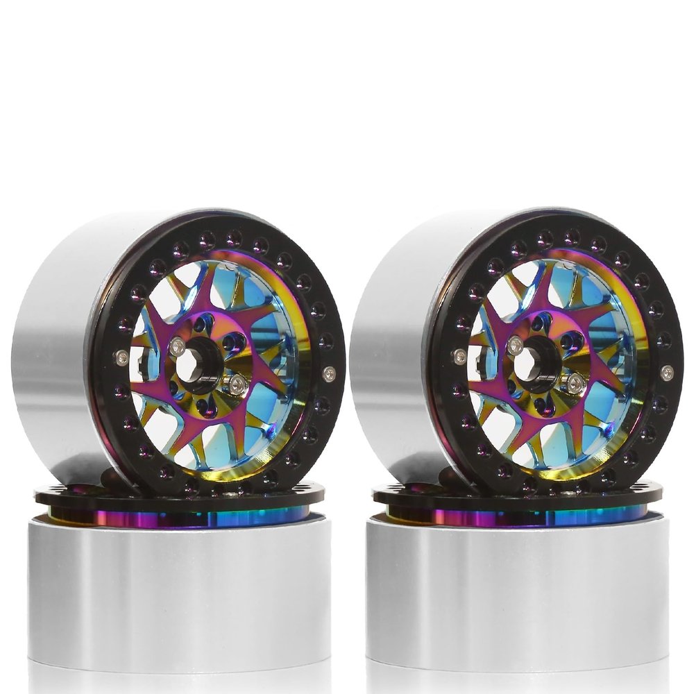Chanjorlin 2.2 Beadlock Wheels Rims 12mm Hex 1/10 Aluminum Alloy Mud Slingers Hubs for 1:10 RC Rock Crawler Car Axial SCX10 Tamiya CC01 D90 RR10 RC4WD Gen8 Traxxas TRX4 2.2" Tires 4PCS (Rainbow)