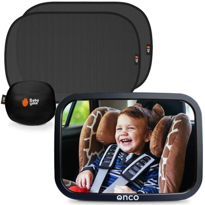 Onco Baby Car Mirror & Car Window Shades Bundle (18.9 12) - UPF 50+ Window Shade, 100% Shatter-Proof Car Mirror for Baby, Universal Shades & Mirror