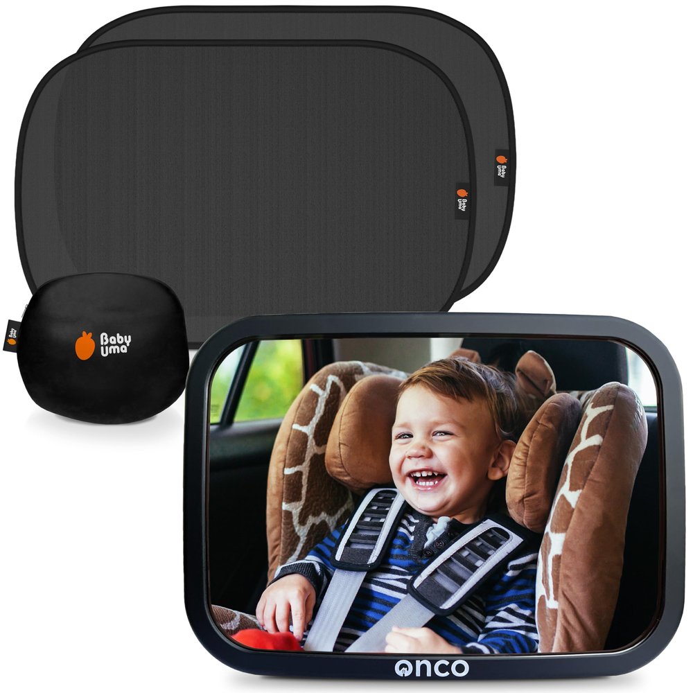 Onco Baby Car Mirror & Car Window Shades Bundle (18.9 12) - UPF 50+ Window Shade, 100% Shatter-Proof Car Mirror for Baby, Universal Shades & Mirror