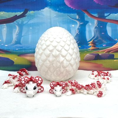 3D Printed Articulated Mother and Child Dragons in Dragon Egg, White and Red Mushroom Dragon,Fidget ADHD Toy Gift for Mom MCD-036