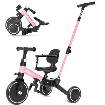 XJD Toddler Bike, 6 in 1 Folding Toddler Tricycle for 1-4 Year Old with Parental Control Handle, Balance Bike with Removable Pedal, Backrest, Adjustable Seat, First Birthday Gifts (Pink)