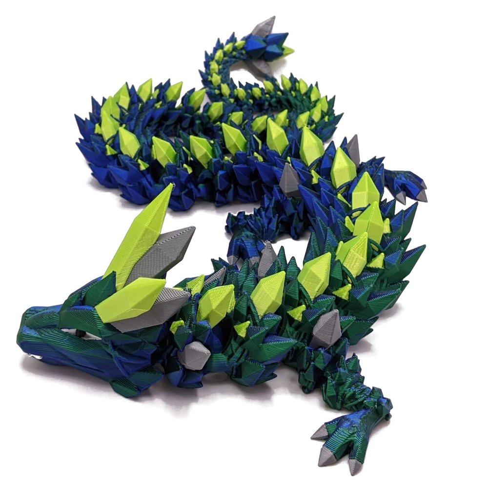3D Printed Crystal Dragon Giant 36" Articulated Figure (Blue-Green/Shiny Green/Silver)