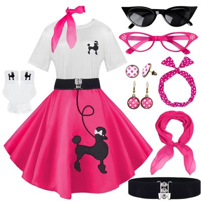 10Pcs Sock Hop Outfits Costume Women, 1950s Poodle Skirts, Poodle T-Shirt with 50s Accessories Set Scarf Headband Belt Socks Eyeglasses Earrings (Hot Pink-XL)